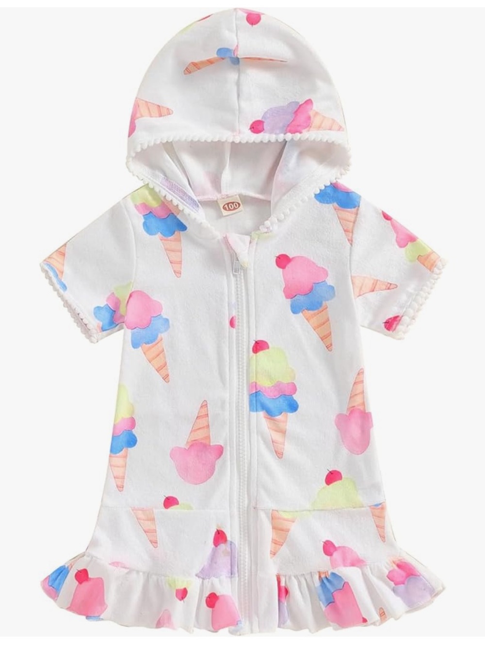 Girls Terry Ice Cream Full Zip Hooded Baby Toddler Swim Cover Up Jacket Top 2-3T